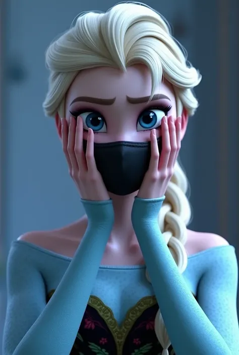  Elsa from Frozen 2 wearing a black medical mask. with water in her mouth .  And she also keeps her hands straight on her face ,   so that water doesnt leak out .