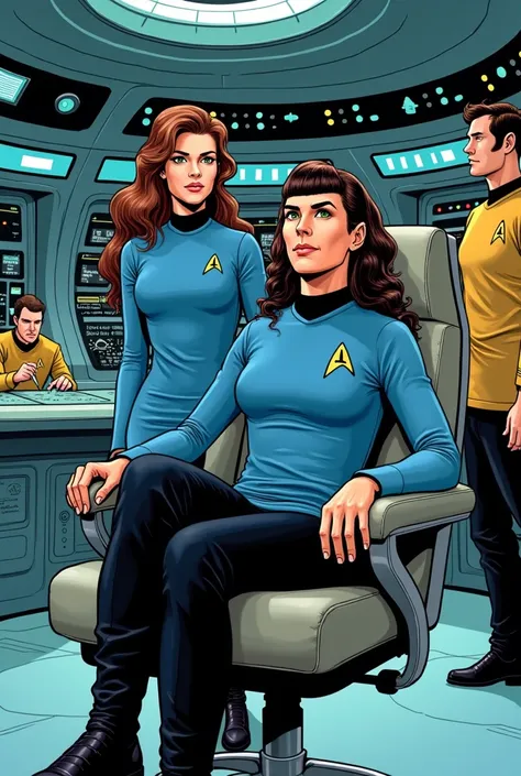 Spock from Star Trek with pointy ears and brown eyes wearing blue uniform sitting in the chair of the captain of the starship Enterprise , standing next to him and with one hand on his shoulder his wife with long brown curly hair and green eyes and small p...