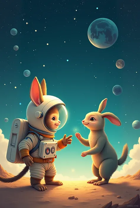  Preparation of an illustration using Artificial Intelligence

The illustration should contain the following aspects::

an animal in space wearing an astronauts uniform greeting another animal of a different species, The illustration must contain the name ...