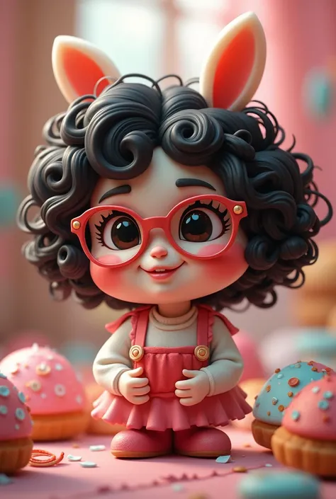  Confectionery with curly black hair with glasses