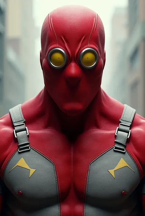 Strong male character defined with-s similar to superhero comics wear the red mask covering the entire head and neck leaving only the mouth to The eyes 2 rounded lenses that stand out yellow In the clothes and mask light gray details