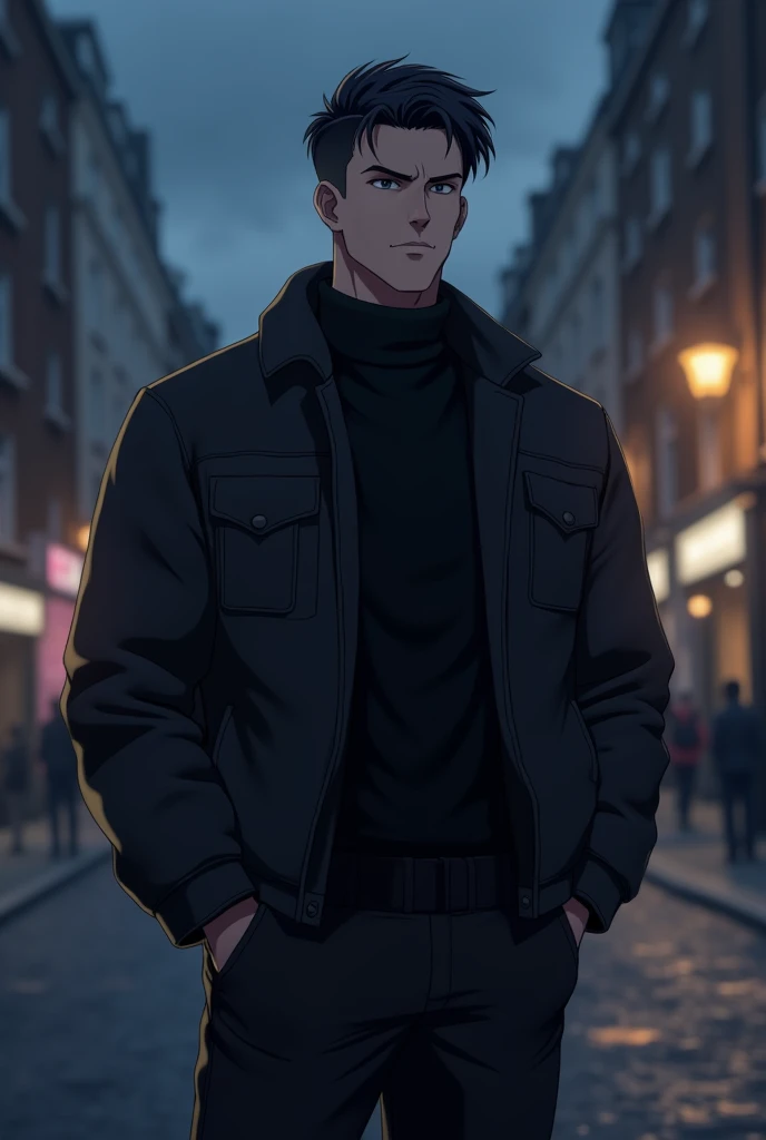 Young man of twenty years,  white skin ,  short hair and black , his body is stocky , with attractive facial features .  He wears a dark jacket ,  with a black pullover underneath and black pants.  his hands are in his pockets . The background is an Englis...