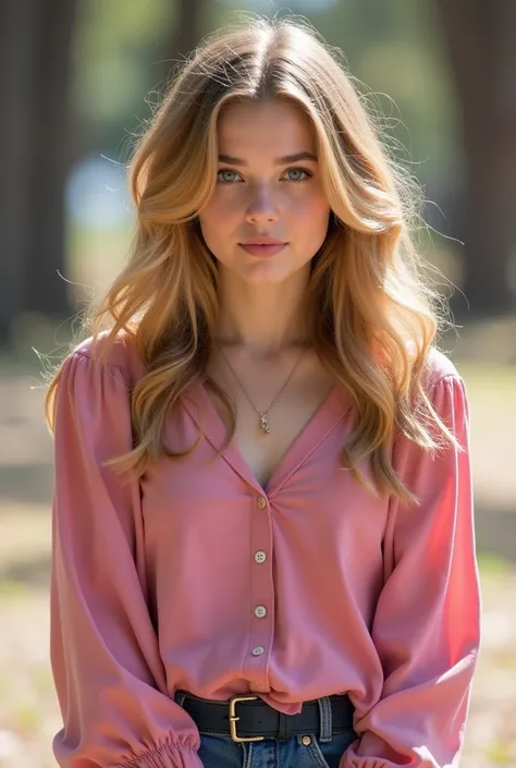 A blonde teen girl ,  wearing a pink long-sleeved blouse,  looking like actress Bella Thorne 