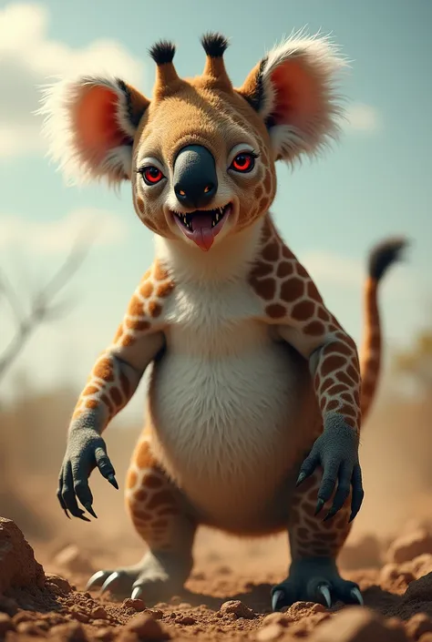 A terrifying hybrid of a koala and a giraffe stands in the savannah. Its crown, neck, long snout and mouth are like those of a giraffe. Its head, ears and fat body are like those of a koala. Its snout is as long as that of a giraffe. Bright red eyes stare ...