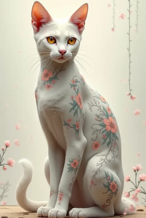 Illustrates a white Egyptian cat with traditional Japanese tattoos, real image