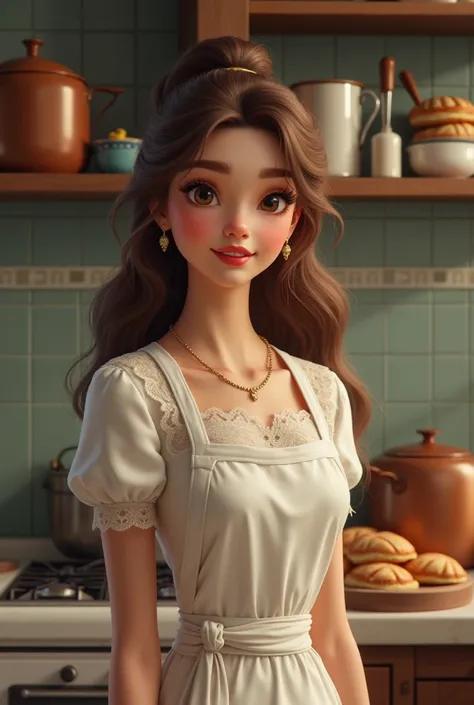  Beautiful girl with long wavy hair, Pastry maker from the 1950s 