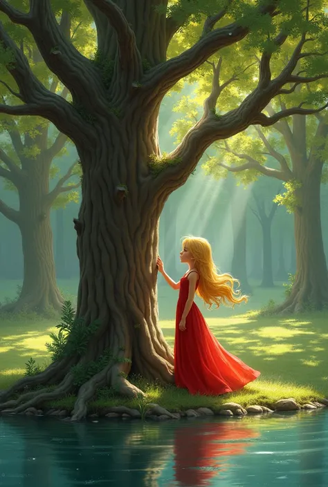 a girl in a red dress and golden hair talking to an oak tree in a forest next to a lake seeing her reflection
