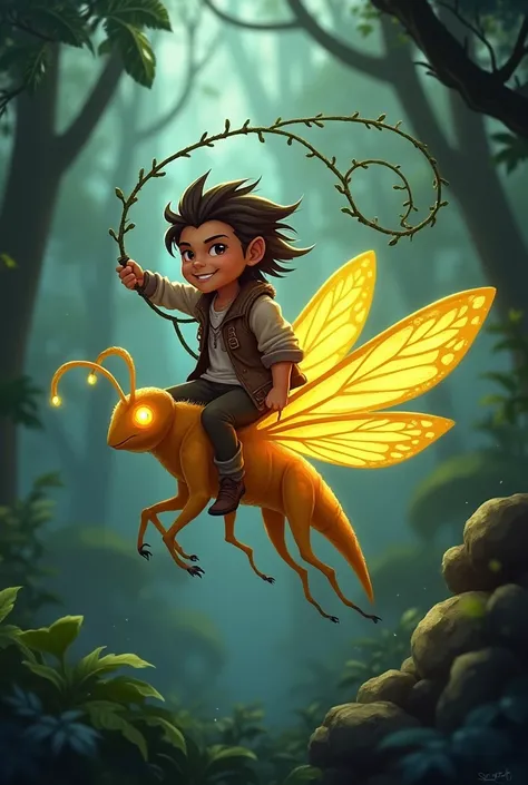 "A daring, rogue-like sprite with a tattered leather vest and a mischievous grin riding a sleek, golden firefly through a dense jungle. The sprite is holding a lasso made of glowing ivy, which it twirls expertly as if ready to snare a distant target. The f...