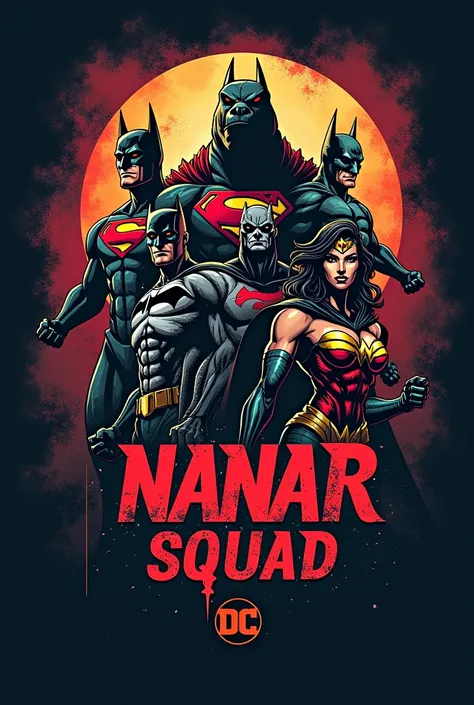 un logo "nanar squad" dans le style dc comics avec superman, godzilla, punisher, batman, wonderwoman