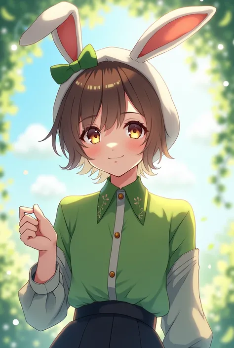 Male anime character with brown hair wearing white rabbit hat and green blouse with black