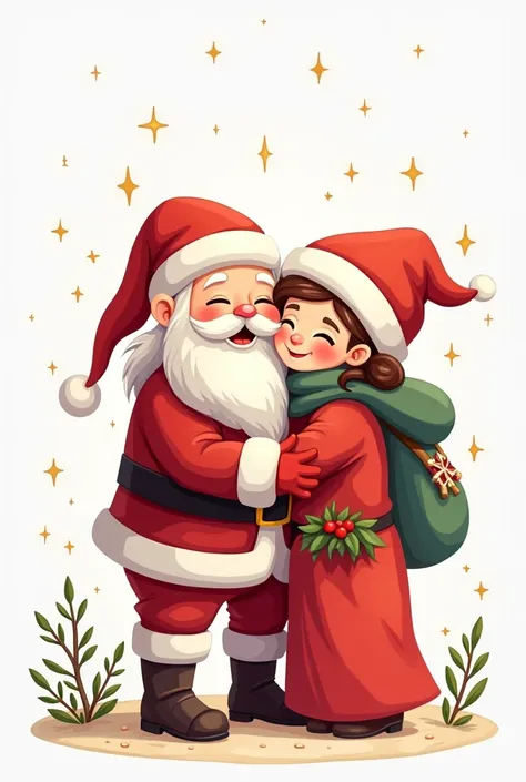  Santa Claus HUGGING  (hug) With Christmas details like snowflakes and sparkles. Flat vector image , without depth. Ideal for printing . fondo blanco.