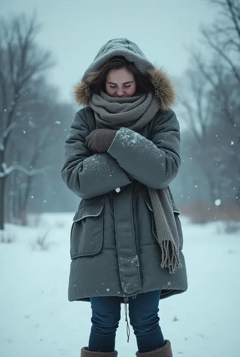 Woman in winter clothes freezing cold