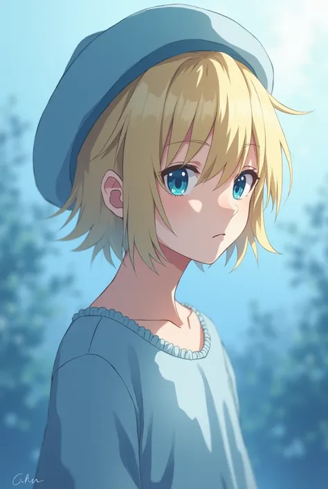 Anime boy with blond hair and faint blue Halland blouse and weak blue hat 