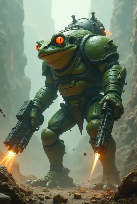 The end of a planet where frogs carry advanced weapons that destroy life forms