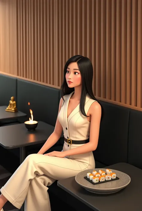 Woman 30 years, long straight black hair, wearing creme short sleeveless collarless buttoned v vest and creme long loose Trousers with white sneakers. At Sushi restaurant with wood slat paneling in walls, black rectangular tables, sitting on black leather ...