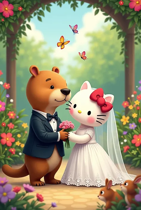 Drawing of a Capybara and Hello Kitty getting married 