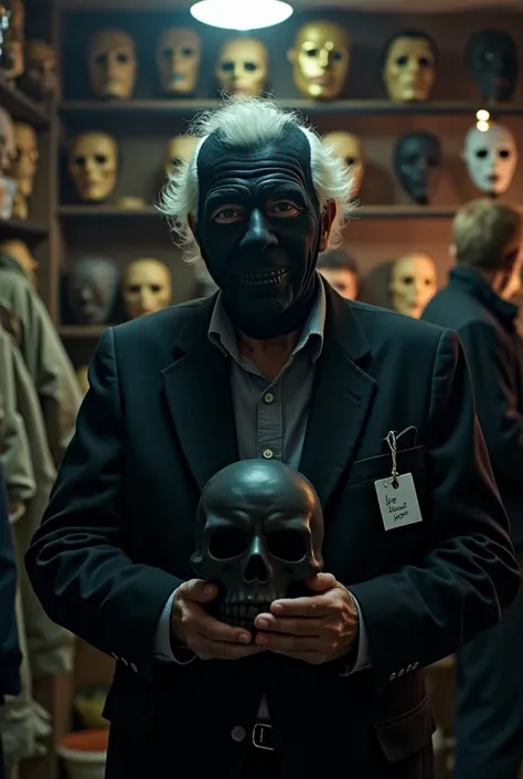 Inside mysterious and eerie mask shop, old man with his face covered by a scary mask is behind the shop counter, he has a tag with "light" written on it and he is holding forward a pristine black matte mask. 