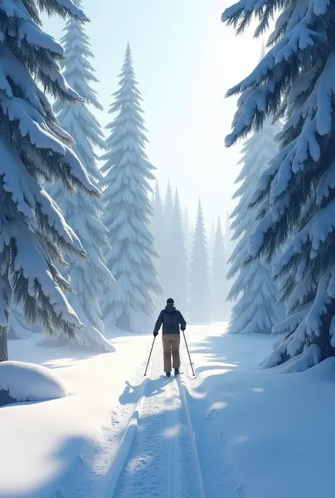 Skier under the fir trees