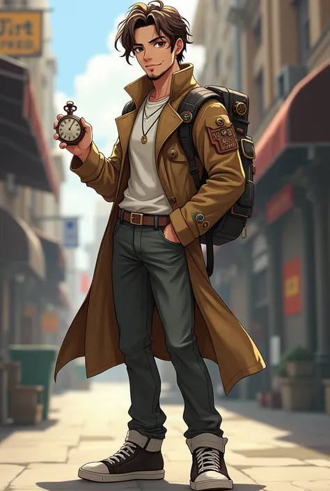 Create a male character 
Description :

24 years
Brown hair
Brown eyes
Brown skin
A hair that goes up to the shoulder
A shaved beard
A trench coat with an inventors paraphernalia
Pant 
And a sneaker

Anime style



He must be holding an antique pocket watc...