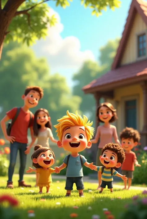 Illustrate in animated form the happy family of a boy named Noah, , with blond hair that shone like the suns rays and black eyes that sparkled with joy. The family consists of grandfather, grandmother, mother, father, uncle and his fiancée. create a beauti...