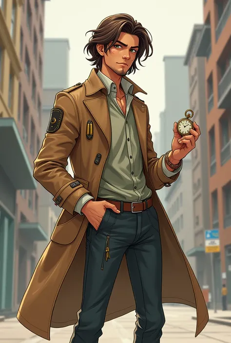 Create a male character 
Description :

24 years
Brown hair
Brown eyes
Brown skin
A hair that goes up to the shoulder
A shaved beard
A trench coat with an inventors paraphernalia
Pant 
And a sneaker

Adult anime style

He must be holding an antique pocket ...