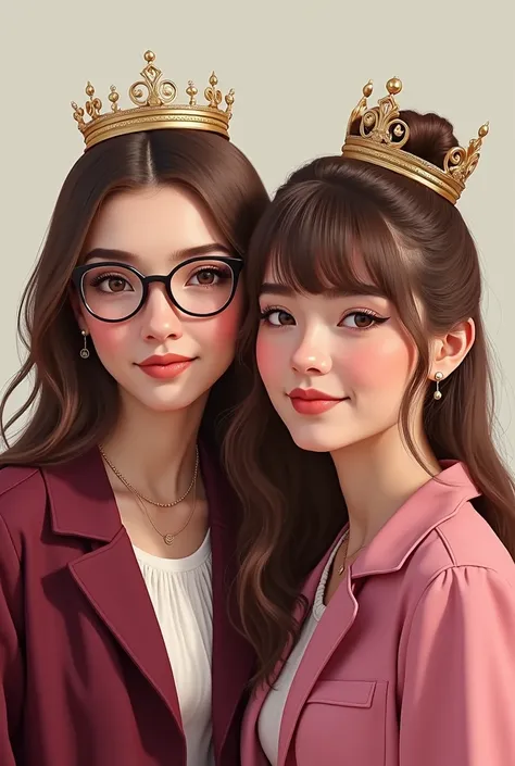  creates an image of two recent graduate friends ,  with a bay crown on her head :  are both fair-skinned and have long hair and brown eyes,  one wears thin round glasses , She has her nose up ,  light brown hair and an elegant burgundy jacket ;  the other...