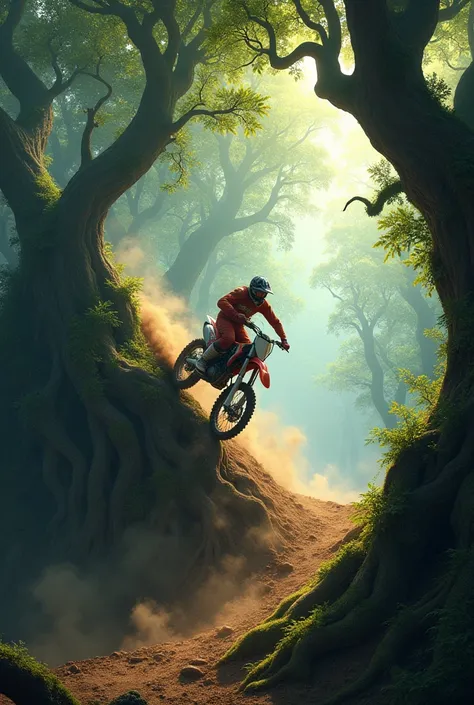 Create an image of impossible dirt bike hill climbing around trees
