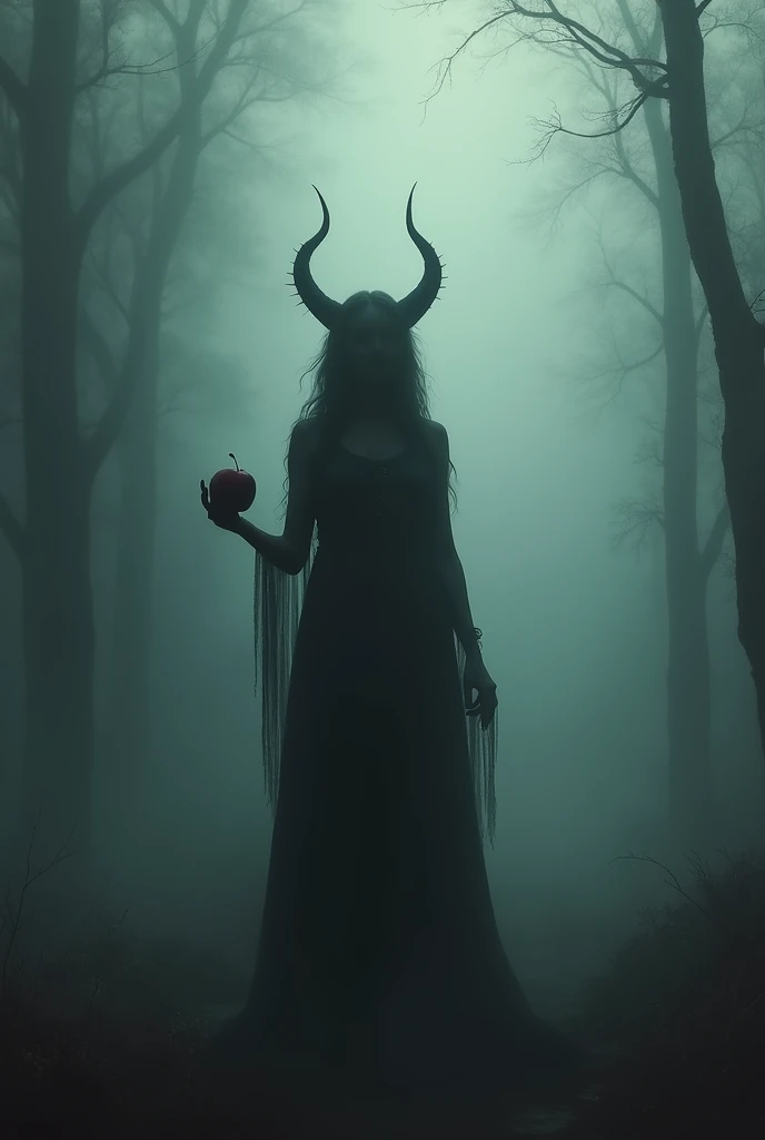 heavy fog , dark environment, Shadow of a woman in a horned dress holding an apple,  impressionist painting style 