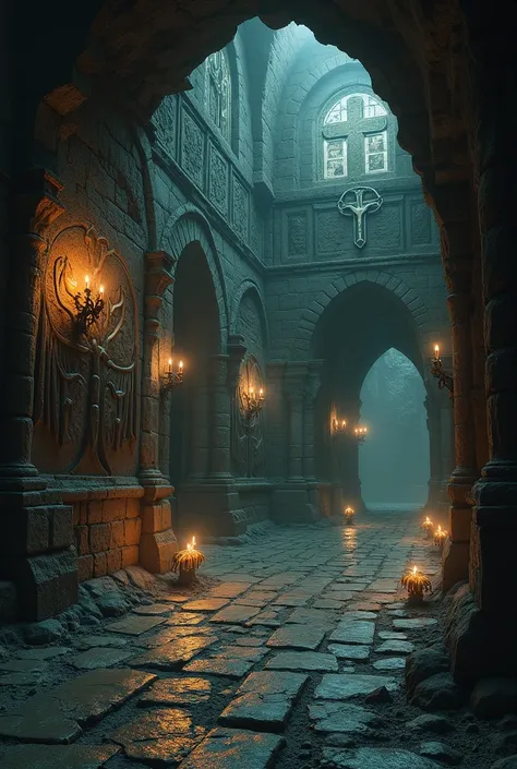  An image of a dungeon with many demonic and religious symbols, like crucifixes 