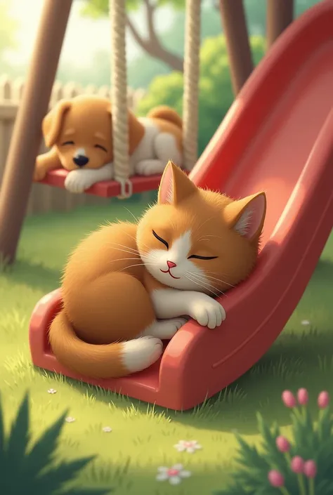 And the cute brown cat and brown dog fall asleep. The cat slept beneath the slide and dog slept beneath swing