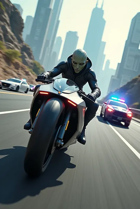 Alien riding super bike in highway road and police chasing with police cars 