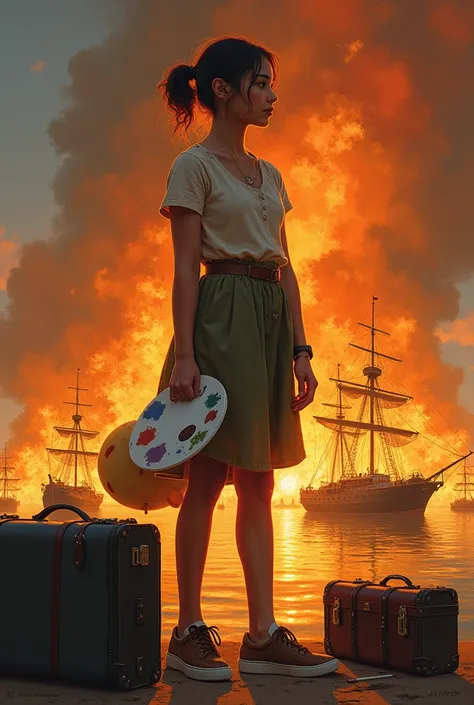 Make an image depicting the phrase “burn the ships” with a girl with a paint palette and some suitcases next to her with the match that burned the ships
