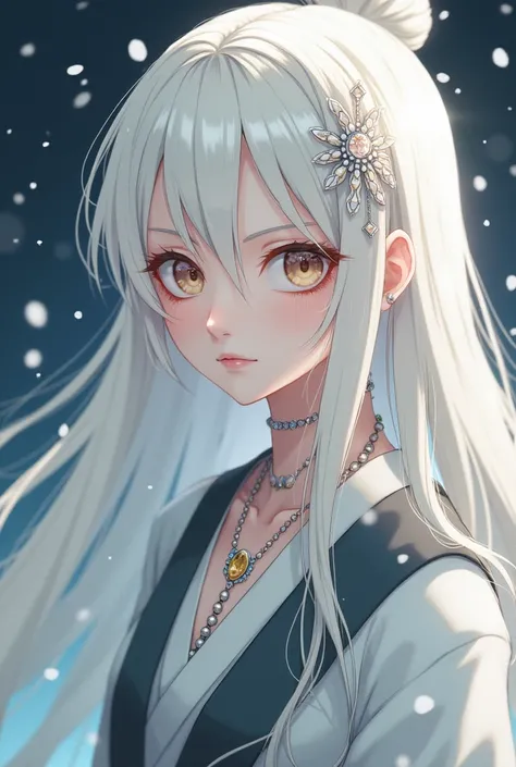 Crie uma oc no anime Naruto Shipputen do clã hyuga, with fair skin,  long white hair decorated with rare and transparent jewelry,  clan looking cute and serene with decorative pearls  