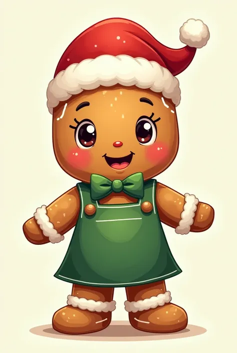  cartoon drawing of a Gingerbread Man, wearing a green bow ,  wearing a green work apron ,  wearing a red Santa hat  