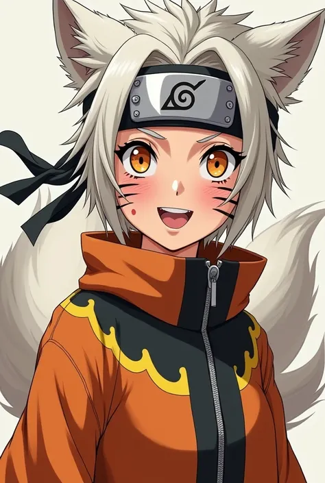 Naruto OC base une fille de 14 ans cheuveux courts ébouriffés et blancs yeux oranges puissants avec motifs , bandeau de konoha , moustaches conne naruto ,tenue de ninja orange avec motifs jaunes et noirs elle a un large sourire et neuf queues de renard