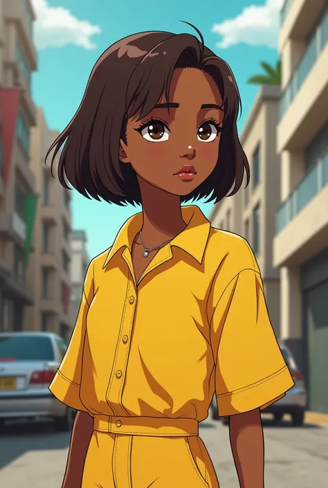  girl, she is , her body is short and small, brown skin, short straight hair, serious face, yellow clothing, city setting, stylized anime art, your skin is African 