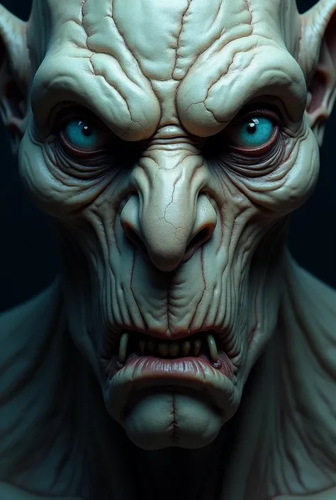 [Close-up of a creatures face, ancient and weathered, with deep-set, piercing blue eyes, a prominent nose, and a grim expression. The skin is textured like cracked stone, conveying age and possibly malice.], [Digital painting, dark fantasy portrait], [Insp...