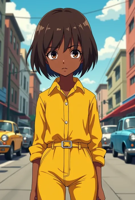  girl, she is , her body is short and small, brown skin, short straight hair, serious face, yellow clothing, city setting, stylized anime art, your skin is African 