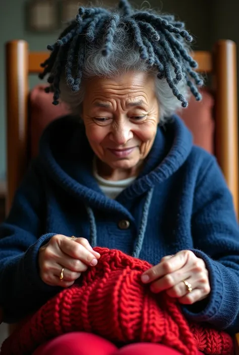 Close up of a white grandmother with dark blue dreadlocks and dark blue sweater sitting in a rocking chair knitting a red hoodie, highest definition, highest detail, highest quality 