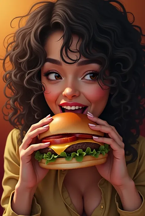 Woman eating hamburgers (  she has curly hair )