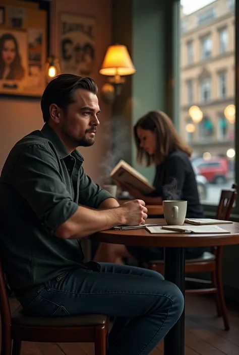 Show leonardo di caprio sitting a far in a coffee shop facing a woman sitting on an another table reading her book