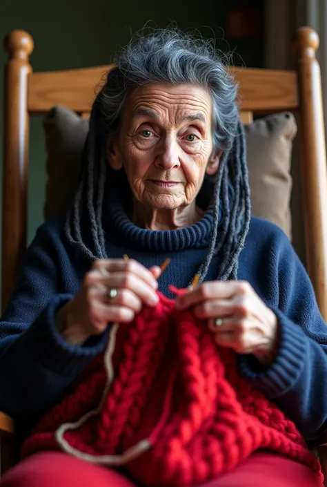 Close up of a Caucasian grandmother with dark blue dreadlocks and dark blue sweater sitting in a rocking chair knitting a red hoodie, highest definition, highest detail, highest quality 