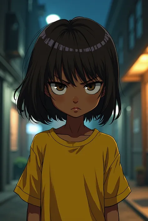  girl, she is , her body is short and small, brown skin, short straight hair, serious face, yellow clothing, city setting, stylized anime art, your skin is African , serious face, murderess, its night 