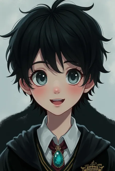 A  boy with bright gray eyes, black hair, white skin, and wearing an aquamarine necklace.
And there is a black shadow with white eyes smiling behind it, realistic, wearing a Gryffindor Hogwarts student uniform.
