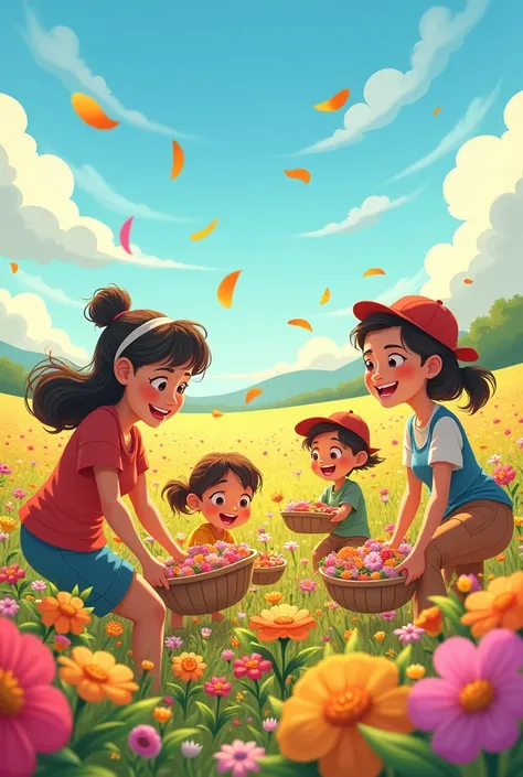 People working on flower harvest cartoon 