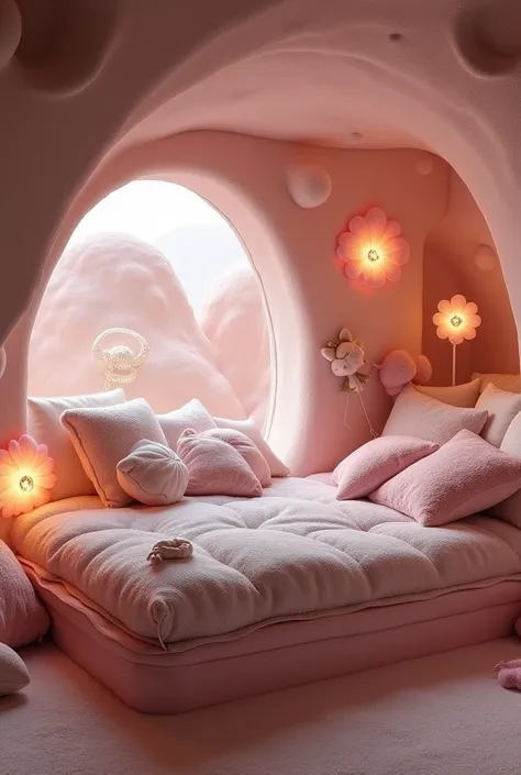  Design a very large place an entire extremely cozy mattress filled with cushions,  animal stuffed animals and blankets , inside a cave, Like a cabin ,  with flower lights with the light pink palette , black and white
