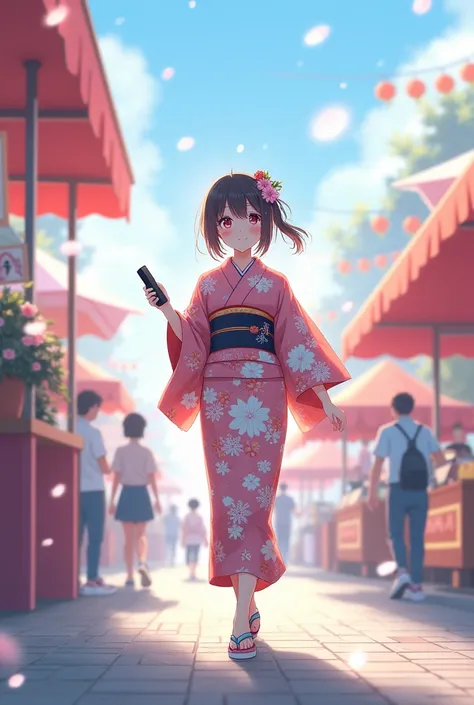 March_, with the television remote control and with black yukata and with flowers(March__festival_attire:1.4), 1 girl, Alone, (street, beautiful,  food stand, street food, blush, happy:1.2),  light particles , rays of light, sidelighting, destination (seri...