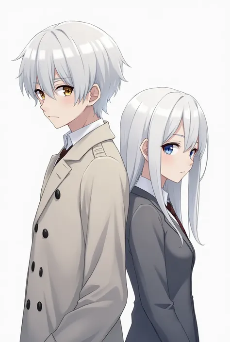 Anime all in white .  A couple had their backs to each other ,  but they looked at the camera from the corner .  The boy was wearing a trench coat and white hair, her eyes were serious .  The girl had long hair ,  her eyes were also serious .  She wears a ...