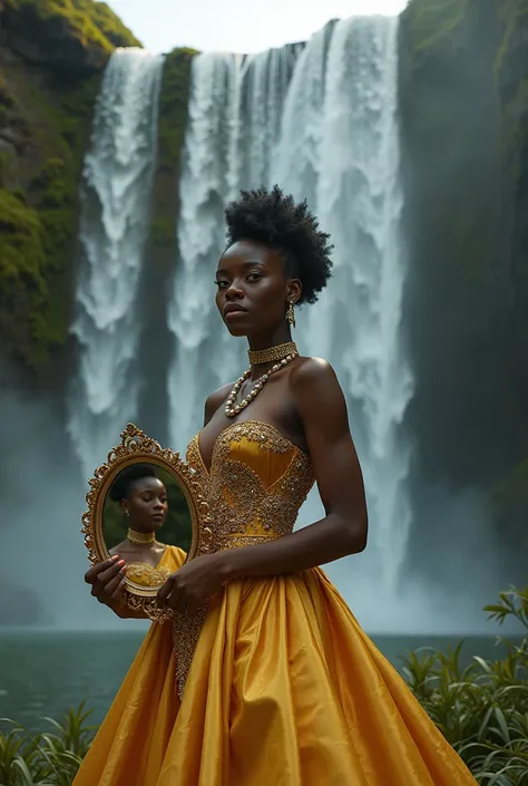 black woman at a waterfall ,  wearing a gold-plated dress and embellished, holding a mirror 