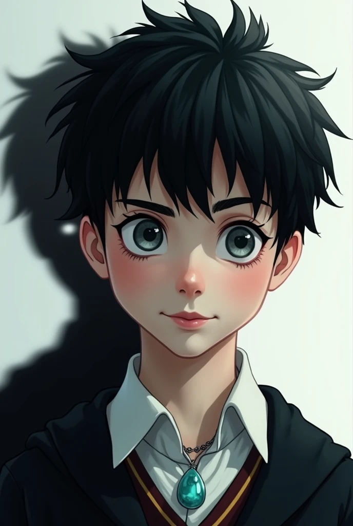 A  boy with bright gray eyes, black hair, white skin, and wearing an aquamarine necklace.
And there is a black shadow with white eyes smiling behind it, realistic, wearing a  Hogwarts student uniform.
